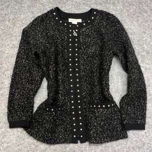 Cathy Daniels Black White Boucle Studded Zip Up Cardigan Career Womens Small